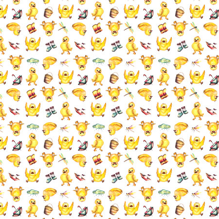 Pattern. Watercolor baby illustration. Watercolor baby pattern with ducklings, boots umbrella and shipsの写真素材