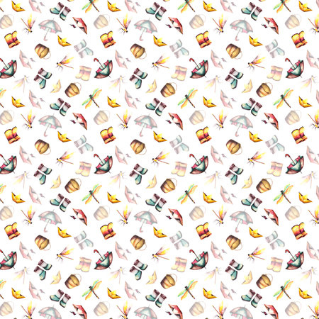 Pattern. Watercolor baby illustration. Watercolor baby pattern with ducklings, boots umbrella and shipsの写真素材