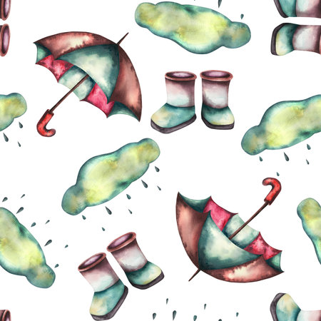 Pattern. Watercolor baby illustration. Watercolor baby pattern with ducklings, boots umbrella and shipsの写真素材