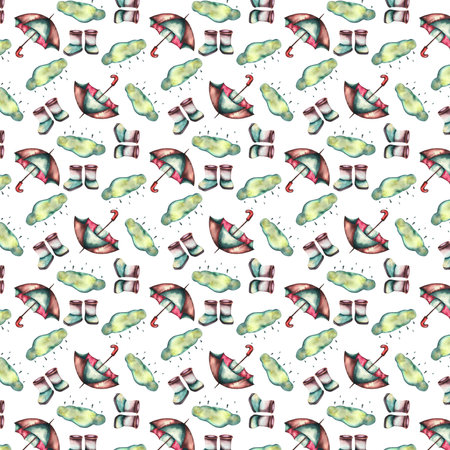 Pattern. Watercolor baby illustration. Watercolor baby pattern with ducklings, boots umbrella and shipsの写真素材