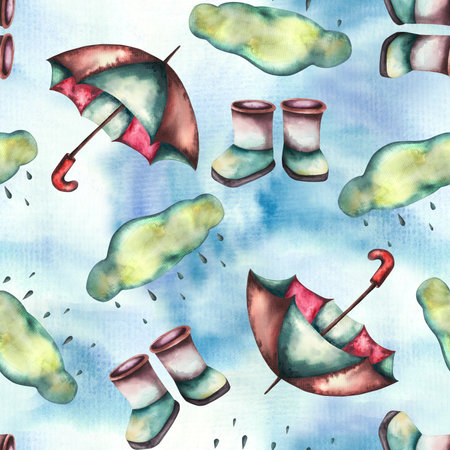 Pattern. Watercolor baby illustration. Watercolor baby pattern with ducklings, boots umbrella and shipsの写真素材
