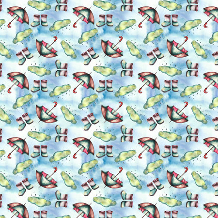 Pattern. Watercolor baby illustration. Watercolor baby pattern with ducklings, boots umbrella and shipsの写真素材