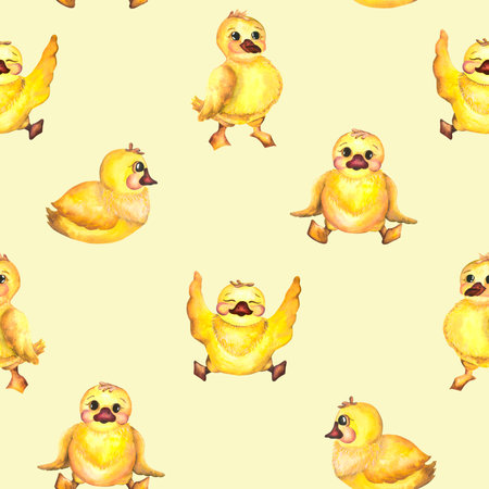 Pattern. Watercolor baby illustration. Watercolor baby pattern with ducklings, boots umbrella and shipsの写真素材