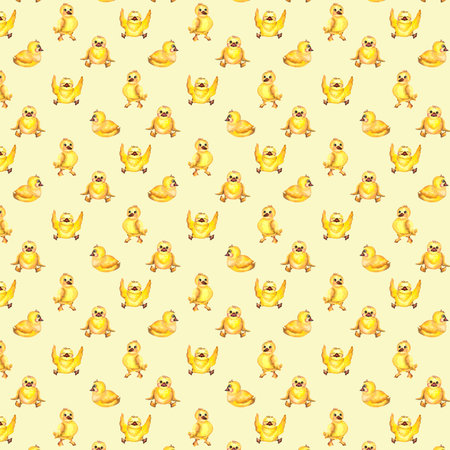 Pattern. Watercolor baby illustration. Watercolor baby pattern with ducklings, boots umbrella and shipsの写真素材