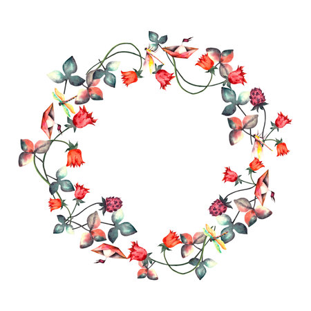 Wreath. Watercolor flower wreath. Watercolor frame of hand painted spring wild flowers and dragonfliesの写真素材