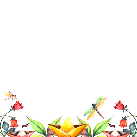 Coupon. Watercolor floral coupon with spring flowers and dragonfliesの写真素材