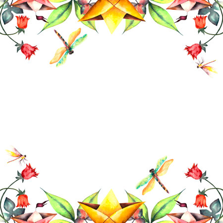 Coupon. Watercolor floral coupon with spring flowers and dragonfliesの写真素材