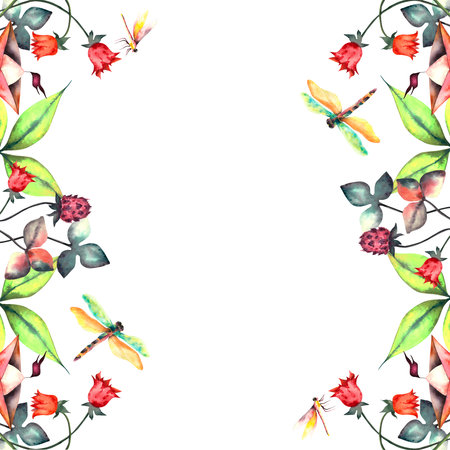 Coupon. Watercolor floral coupon with spring flowers and dragonfliesの写真素材