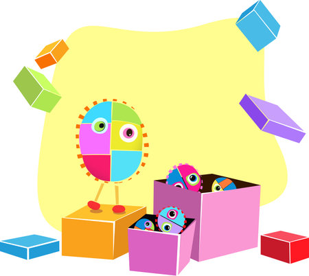 Cute monster with colorful boxes full of toys on white and yellow background. Vector illustration. The Miny Moes celebrate Boxing Day. Kids print, baby designのイラスト素材