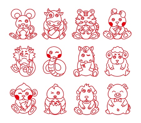 Chinese Zodiac, Twelve animals, Line artのイラスト素材