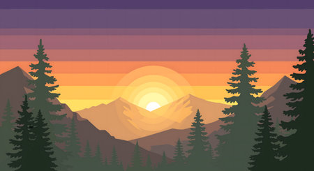 Sunset in the mountains and coniferous forest. Vector illustrationのイラスト素材