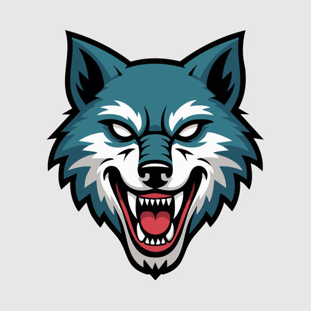 A close-up of a wolf's head with a menacing grin and sharp teeth, depicted in a stylized, graphic...