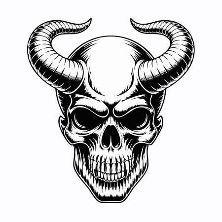 A striking black and white illustration of a skull with prominent, curved horns, conveying a sense of darkness and power.のイラスト素材