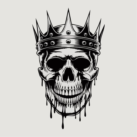 A black and white illustration of a skull with a crown, featuring a dripping effect from the crown and skullのイラスト素材