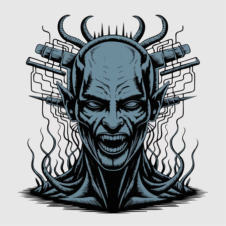 A detailed illustration of a demonic head with sharp horns, glowing eyes, and intricate wiring details.のイラスト素材