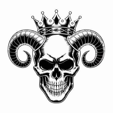 A detailed black and white illustration of a human skull adorned with large ram horns and a regal...