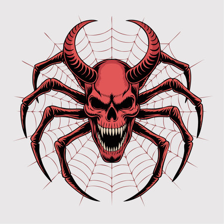 A terrifying red spider with a skull for a head, sharp teeth, and devil horns, set against a spiderweb.のイラスト素材