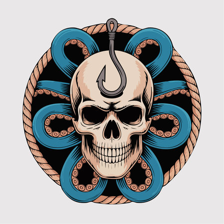 A detailed illustration of a human skull with a fishing hook piercing its forehead, surrounded by stylized tentacles.のイラスト素材
