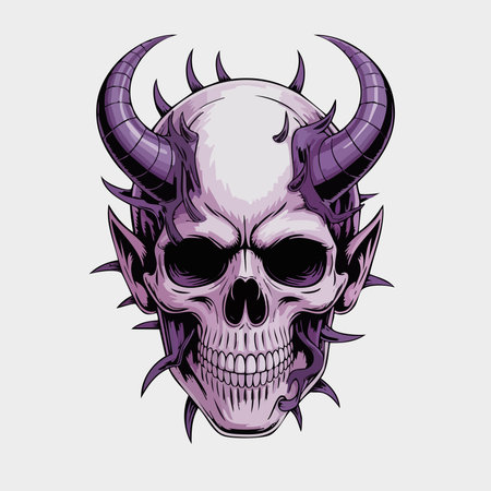 A stylized demonic skull with purple horns depicted in bold linework and shading