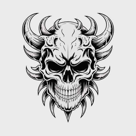 Detailed black and white skull with dramatic horns designのイラスト素材