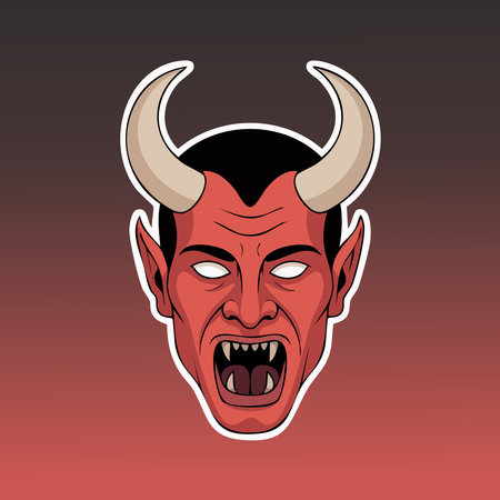 Graphic red demon head with horns and fangs