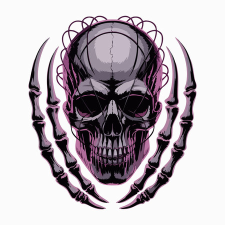 A dark skull is framed by skeletal hands beneath a circular wire crown in purple tonesのイラスト素材