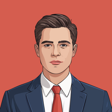 A stylized portrait of a man wearing a navy suit and red tie