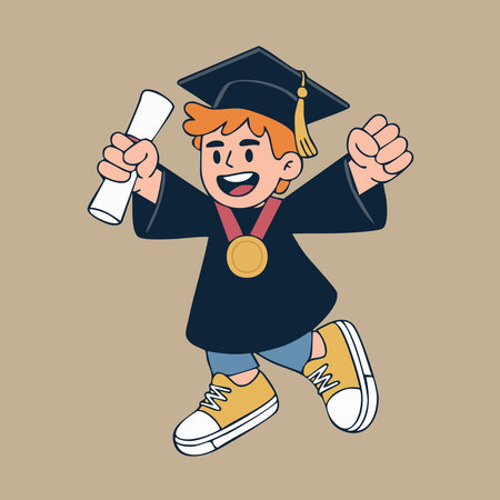 Cartoon illustration of a smiling young graduate wearing cap and gown holding a diploma and celebrating.のイラスト素材
