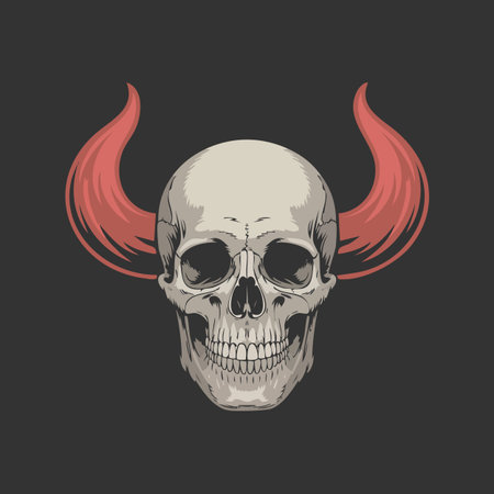 Detailed skull with large red curved horns as the central subjectのイラスト素材