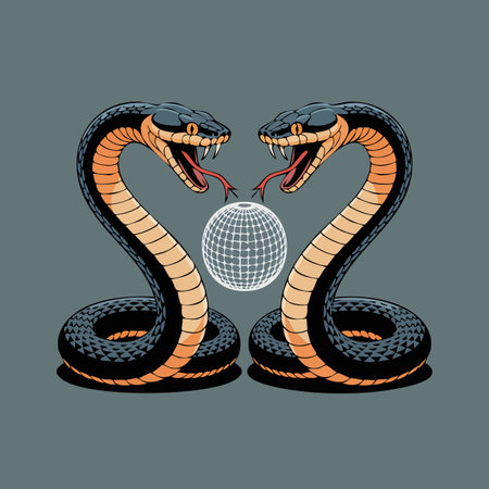 Two cobras confront each other with a disco ball suspended between them creating a dramatic central...