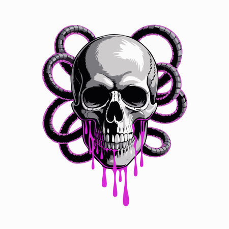 A stylized skull with purple dripping paint and looping shapes creating a bold graphicのイラスト素材