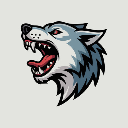 Dynamic close up of a snarling wolf head with bared teeth and red tongue.のイラスト素材