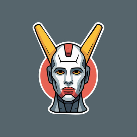 A stylized robotic mask with a horned helmet featuring a white face and orange horns set against a dark backgroundのイラスト素材