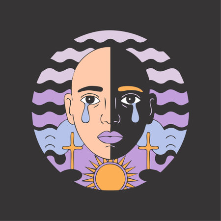 A stylized split face portrait featuring a sunrise sun and sacred crosses, rendered in bold two tone colorsのイラスト素材