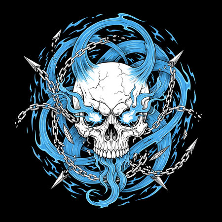 Detailed skull design intertwined with blue circular rings and chains in bold high contrastのイラスト素材