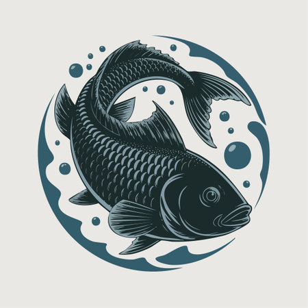 Detailed stylized fish design enclosed in a circular emblem focusing on the creatureのイラスト素材