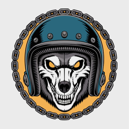 A fierce wolf head mascot wearing a blue helmet encircled by a chain border.のイラスト素材