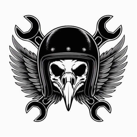 Graphic emblem featuring a skull wearing a helmet with wings and crossed wrenchesのイラスト素材