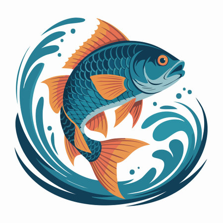 Close up of a vibrant blue fish with orange fins captured while swimming with dynamic circular splashのイラスト素材