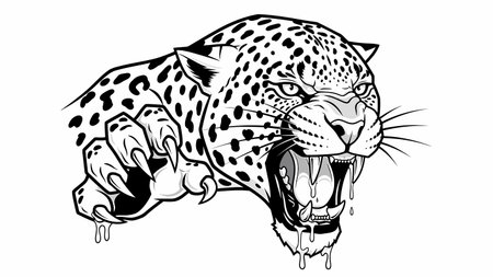 A close depiction of a fierce big cat snarling with bared teeth and intense gazeのイラスト素材