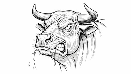 Detailed drawing of a lone crying cow head artwork focusing on the animalのイラスト素材