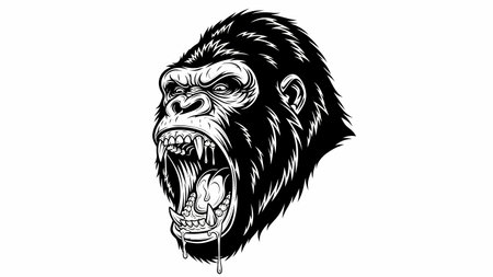 Close up of a roaring gorilla head with mouth open and bared fangsのイラスト素材