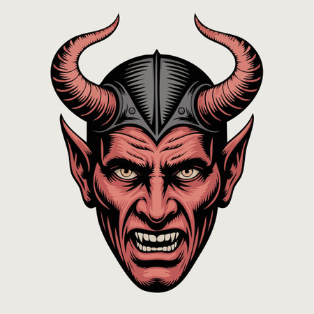 Illustration of a horned demon head with snarling teeth and dark shading focusing on the monster's...