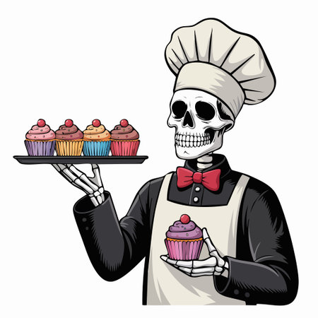 Stylized skull wearing a chef hat and apron presenting colorful cupcakes on a tray