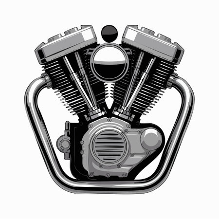 Close up view of a V twin motorcycle engine highlighting metal curves and cylinders as the prominent subjectのイラスト素材