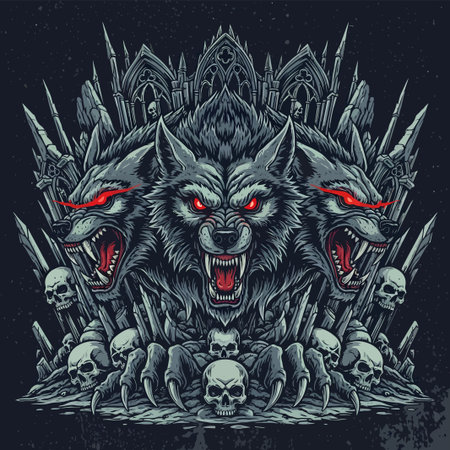 Three headed wolf creature perched on a throne formed by wolves and skulls in a dark gothic fantasy...