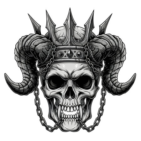 Bold skull wearing a spiked crown and chained adornments close up