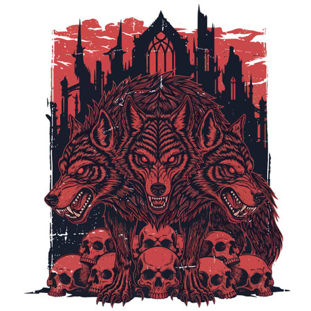 Three headed wolf with skulls in dark mythic illustration showing a fierce multi headed creature