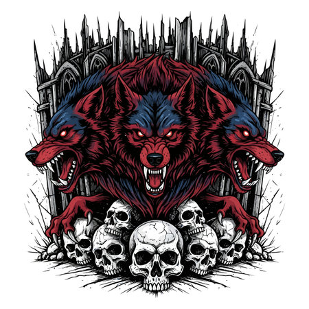 Three headed demon wolf with snarling mouths and piled skulls creates a dark gothic emblem