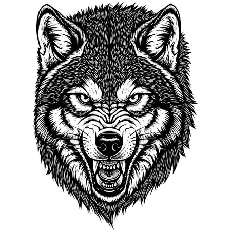 Detailed illustration of a snarling wolf head portraitのイラスト素材
